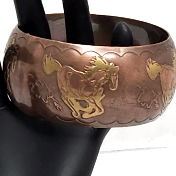 Jewelry - Vintage Copper Brass Running Horses Wide Bangle Bracelet
